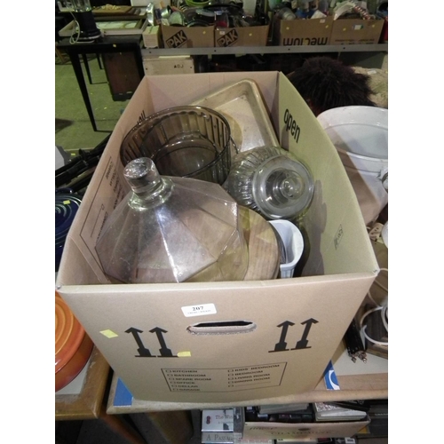 207 - BOX OF SERVING DISHES, CHEESE DOME & GLASS DISHES