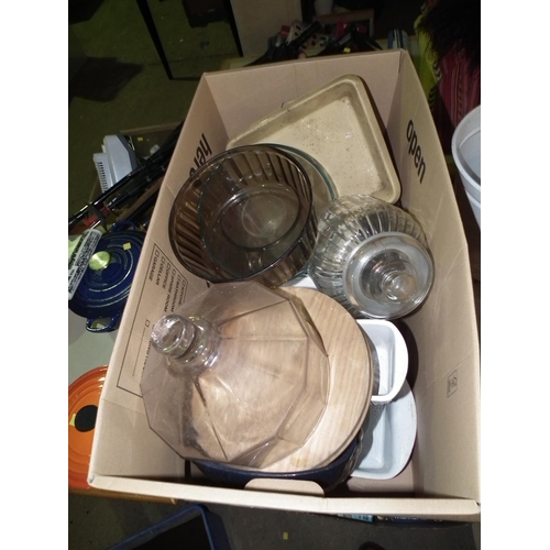 207 - BOX OF SERVING DISHES, CHEESE DOME & GLASS DISHES