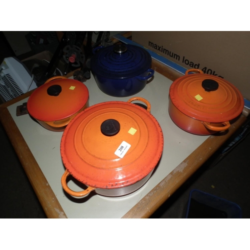 208 - 4 CAST IRON PANS (2 LE CREUSET)