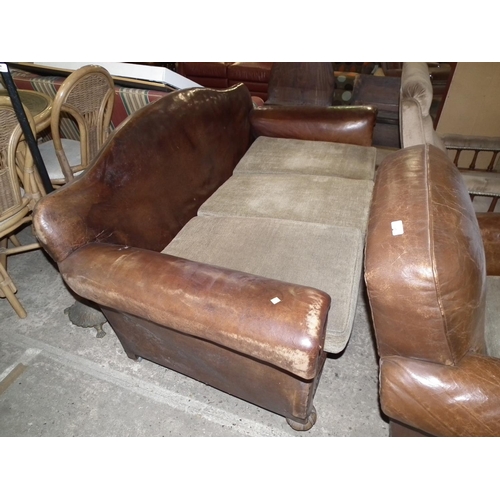 459 - BROWN LEATHER 3 SEATER SOFA AND CHAIR A/F