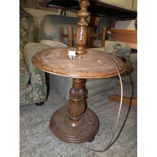 487 - CARVED OAK BARLEY TWIST STANDARD LAMP/TABLE - WARRANTED UNTIL 12 NOON ON TUESDAY FOLLOWING THE ABOVE... 