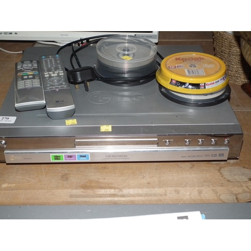 270 - LG DVD RECORDER & REMOTE/DISKS - WARRANTED UNTIL NOON TUES FOLLOWING THE ABOVE SALE