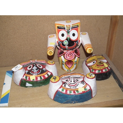 343 - 3 INDIAN PAINTED MASKS & 1 ORNAMENT