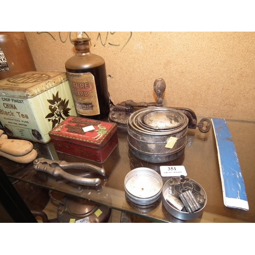 351 - KITCHENALIA - TINS, PASTRY CUTTERS ETC & VINTAGE BLACK INK BOTTLE