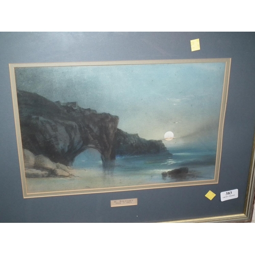 383 - FRAMED WATER COLOUR OF MOONLIT SCENE BY H. BRIGHT