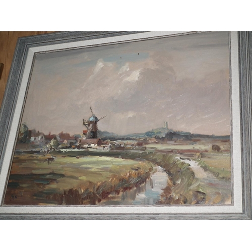 386 - OIL PAINTING OF CLEY BY JACK COX DATED 1959 (WINDMILL SCENE) OVERALL SIZE: 79 X 69 CM