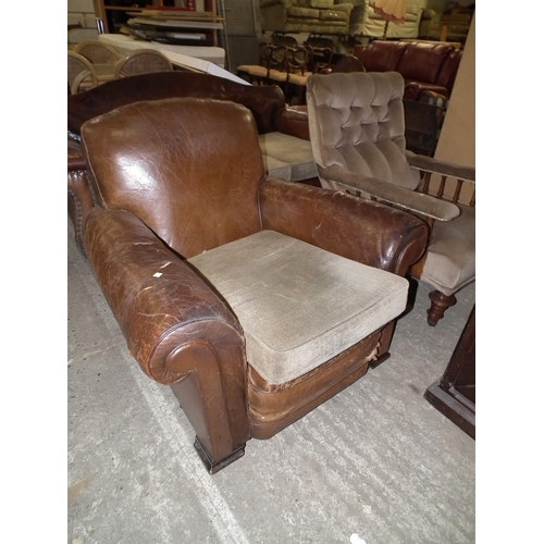 459 - BROWN LEATHER 3 SEATER SOFA AND CHAIR A/F