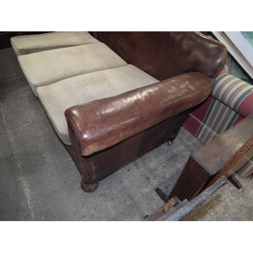 459 - BROWN LEATHER 3 SEATER SOFA AND CHAIR A/F