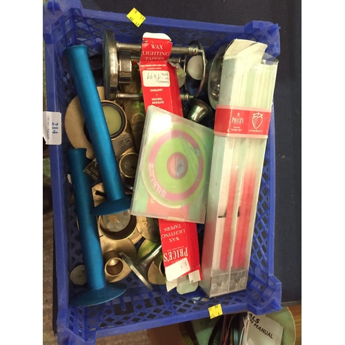214 - BOX OF VARIOUS CANDLE HOLDERS