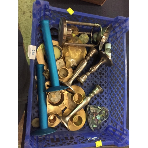 214 - BOX OF VARIOUS CANDLE HOLDERS