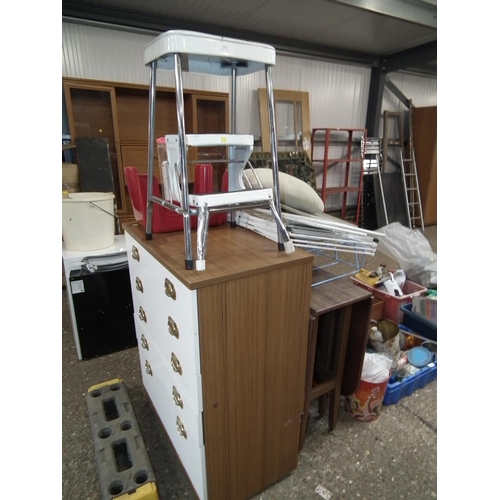 142 - CHEST OF DRAWERS, DROPLEAF TABLE, STEPS, RACK, PLASTIC STEP ETC.