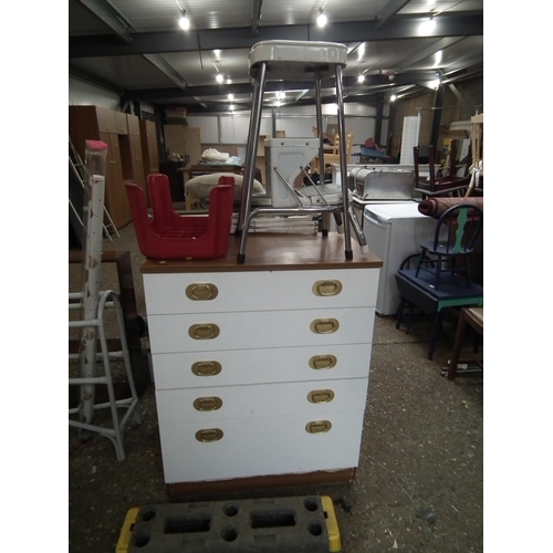 142 - CHEST OF DRAWERS, DROPLEAF TABLE, STEPS, RACK, PLASTIC STEP ETC.