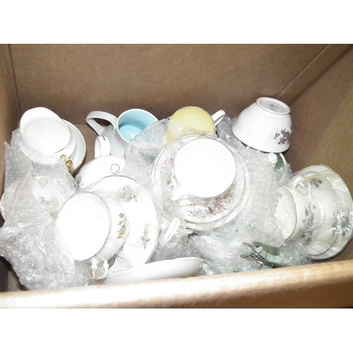 154 - BOX OF ASSORTED CROCKERY, MILK JUGS ETC.