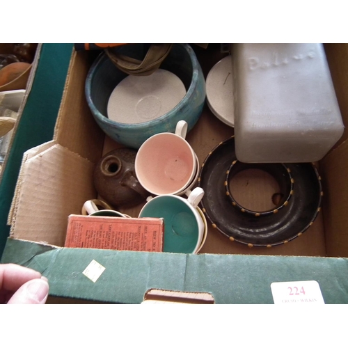 224 - BOX OF MISC: POTTERY, GLASS, PENDANT