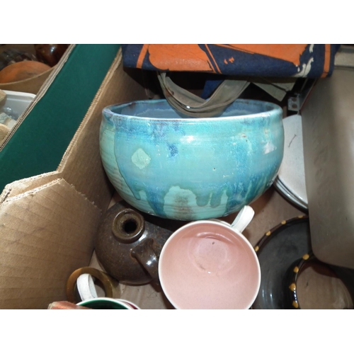 224 - BOX OF MISC: POTTERY, GLASS, PENDANT