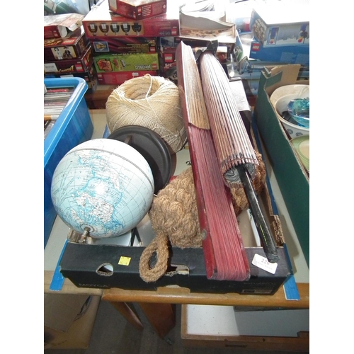 226 - BOX OF MISC: VINTAGE TRAYS,STRING, GLOBE