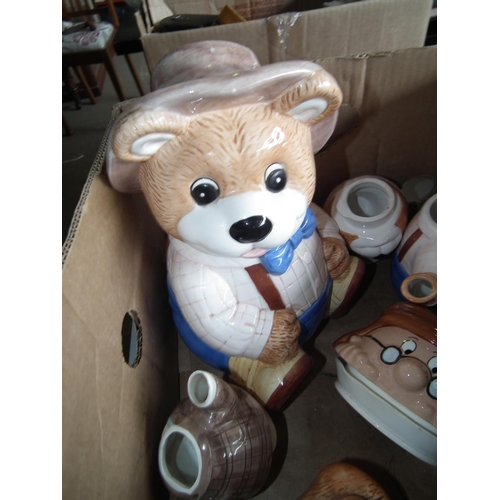 260 - BOX OF TEDDY TEAPOTS & 1 BISCUIT BARRELL