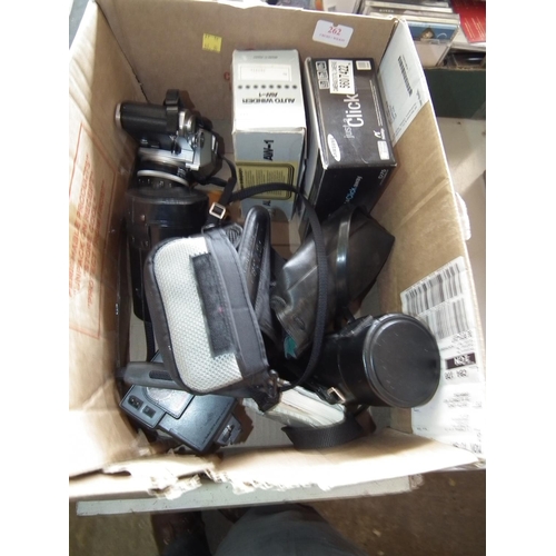 262 - 1 BOX OF CAMERAS/LENSES ETC