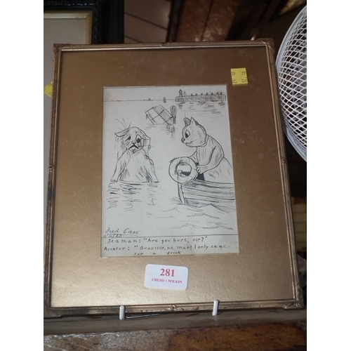 281 - 2 X 1920'S SKETCHES BY FREDA CASE + 20'S FRENCH ADVERT (FRAMED)