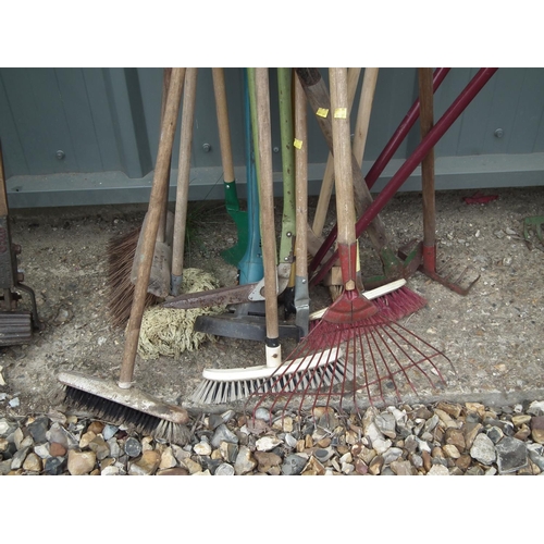 3 - QTY OF VARIOUS BROOMS, LAWN EDGER, LOPPERS, HOE & 2 X RAKES