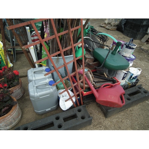 33 - LARGE QTY OF GARDEN SHED/GARAGE MISC. PAINT, CONES, GARDEN CHAIRS, TOOLS ETC.