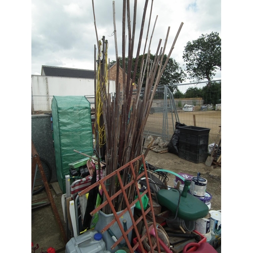 33 - LARGE QTY OF GARDEN SHED/GARAGE MISC. PAINT, CONES, GARDEN CHAIRS, TOOLS ETC.