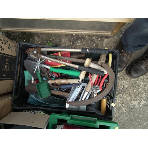 37 - LARGE QUANTITY OF GARDEN MISC. HAND TOOLS, SPRAYER, HOSEPIPE, BITS ETC.