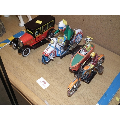 398 - 3 MODERN TINPLATE CLOCKWORK VEHICLES