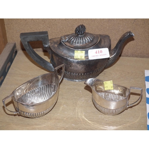 410 - SILVER TEA POT/CREAM JUG/SUGAR