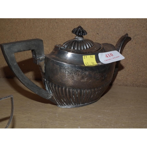 410 - SILVER TEA POT/CREAM JUG/SUGAR