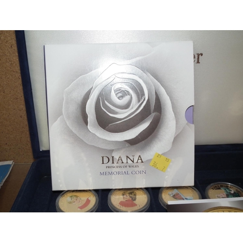 443 - PRINCESS DIANA COINS - FULL SET OF 12 GOLD PLATE DOLLAR COINS - LTD EDITION IN VELVET BOX + £5 DIANA... 