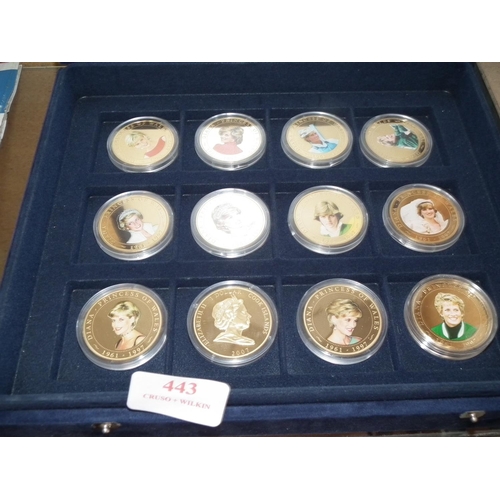 443 - PRINCESS DIANA COINS - FULL SET OF 12 GOLD PLATE DOLLAR COINS - LTD EDITION IN VELVET BOX + £5 DIANA... 