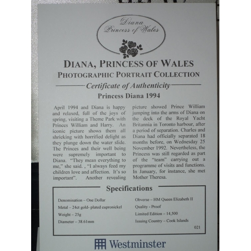 443 - PRINCESS DIANA COINS - FULL SET OF 12 GOLD PLATE DOLLAR COINS - LTD EDITION IN VELVET BOX + £5 DIANA... 