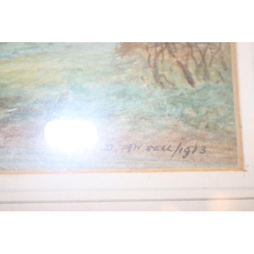 105 - PAIR OF FRAMED WATERCOLOURS OF LAKE & MOUNTAIN SCENE, SIGNED BY M.D. ANSELL, 1913