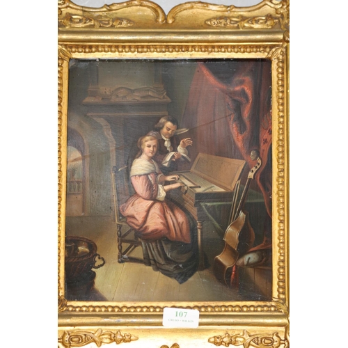 107 - GILT FRAMED OIL PICTURE ON TIN DEPICTING LADY & GENT AT SPINNET