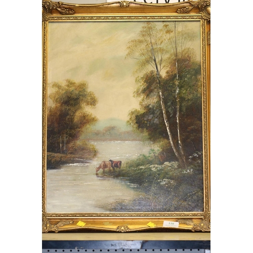 110 - GILT FRAMED OIL ON BOARD, DEPICTING CATTLE & RIVER SCENE