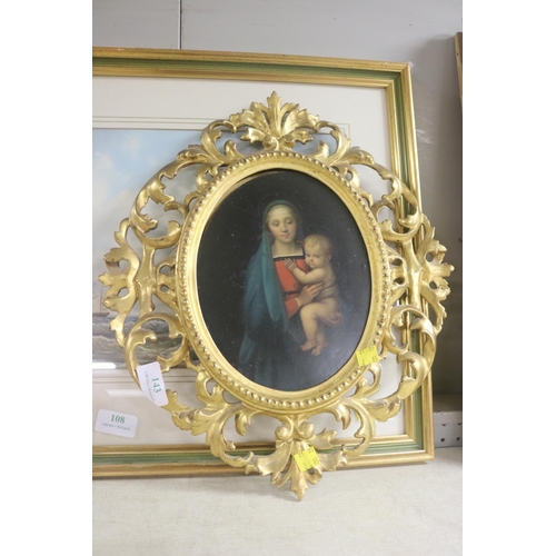 143 - REPRODUCTION OIL ON BOARD OF MADONNA & CHILD IN DELICATE GILT FRAME