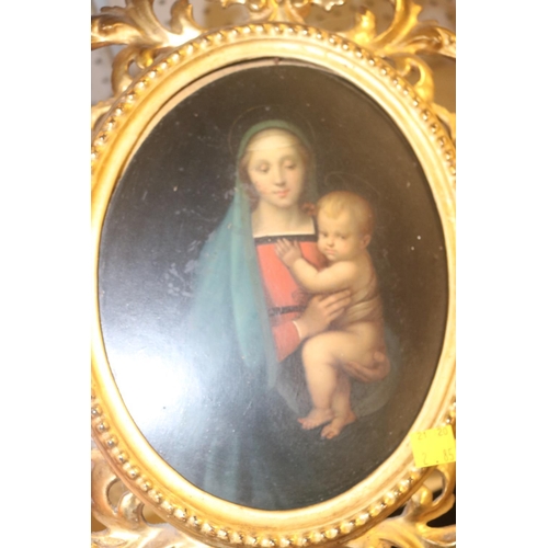 143 - REPRODUCTION OIL ON BOARD OF MADONNA & CHILD IN DELICATE GILT FRAME