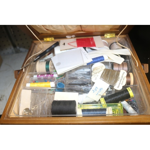 156 - SEWING BOX WITH CONTENTS - WOOL, KNITTING NEEDLES