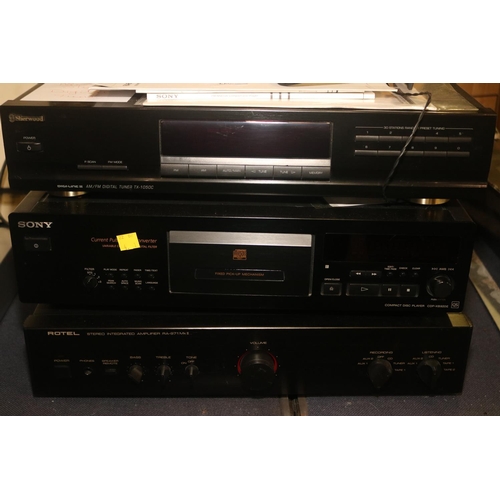 228 - ROTEL STEREO AMP, SHERWOOD TUNER, SONY CASSETTE PLAYER & PAIR OF CAFE SPEAKERS - WARRANTED UNTIL 12 ... 