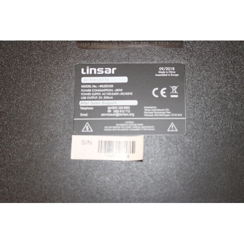 231B - LINSAR 40'' LED TV (REMOTE IN OFFICE) - WARRANTED UNTIL 12 NOON ON TUESDAY FOLLOWING THE ABOVE SALE