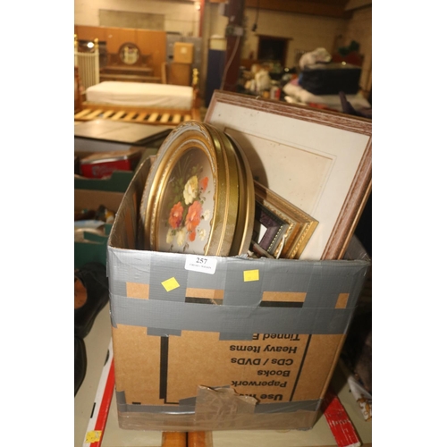 257 - BOX OF VARIOUS PICTURES & OVAL WALL MIRROR