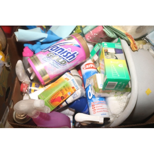 282 - LARGE QTY OF CLEANING PRODUCTS, TOILET ROLLS, LIGHT BULBS ETC.