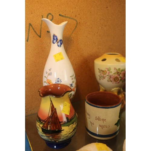 354 - AYNSLEY BIRD CRUET SET/VASE/2 X TORQUAY WARE ITEMS/SADLER VASE/UNUSUAL EARLY POSY VASE