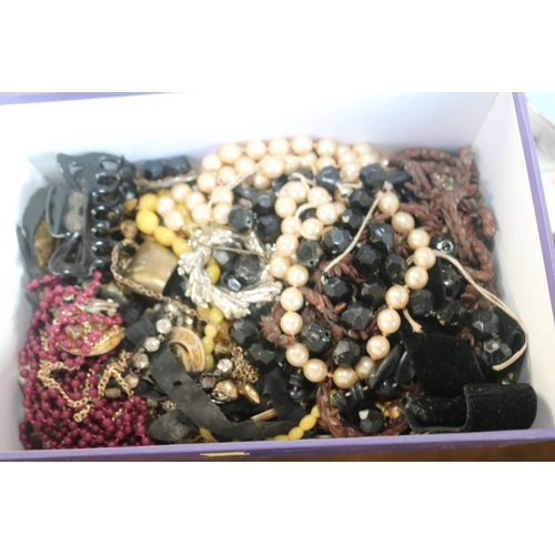 360 - BOX OF DRESS JEWELLERY & COINS ETC.