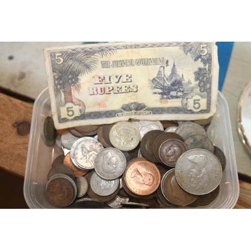 360 - BOX OF DRESS JEWELLERY & COINS ETC.