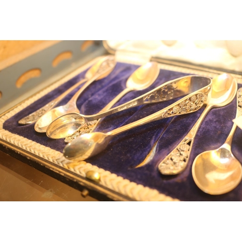 374 - SET OF SILVER SPOONS, CUP & SILVER TOPPED PERFUME