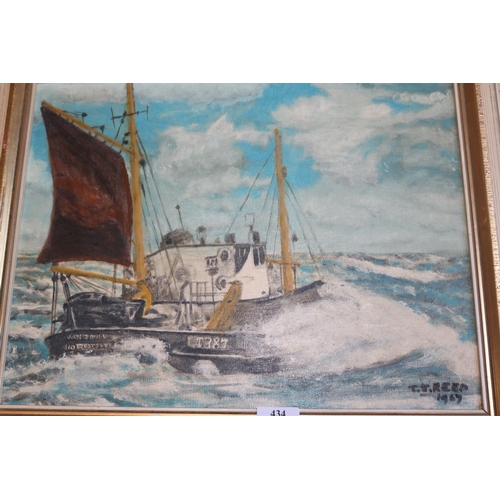 434 - SIGNED OIL ON BOARD DEPICTING A FISHING TRAWLER AT SEA BY T J GREEN (1967)