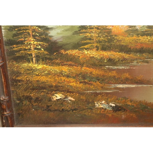 447 - OLD MOUNTAIN LAKE SCENE WITH BAMBOO EFFECT FRAME