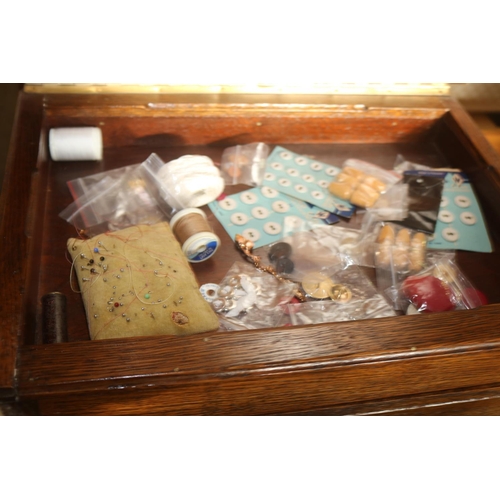 523 - SEWING BOX - OAK - AND CONTENTS